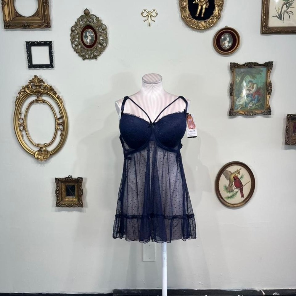 René Rofé Sheer Mesh Chemise Set – Navy Blue Lingerie – Size 1X